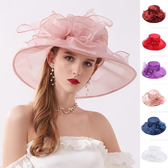 Church Derby Hat Floral Wide Brim Decorative Sun Hats for Women Wedding Banquet Tea Gathering Elegant Hat Navy One Size