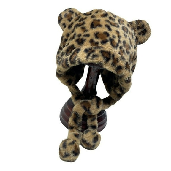 lanema Leopard Bear Ear Caps for Teens And Women Windproof Thicken Hat Warm Pullover Hat Outdoor Winter Activity Headwear