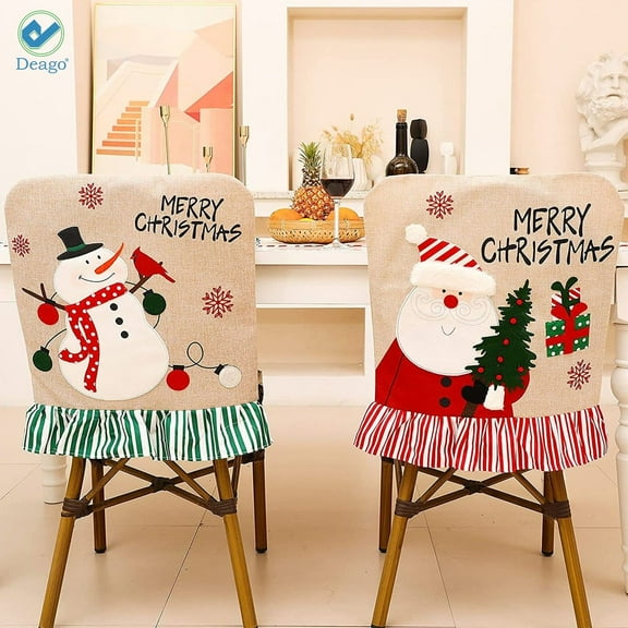 Deago 2PCS Christmas Chair Covers Santa Claus & Snowman Slipcover Xmas Chair Back Cover for Christmas Dinning Room Decoration