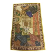 Mogul Indian Decorative Ethnic Embroidered Green Wall Decor Patchwork Sari Tapestry Throw 70"x 48 "