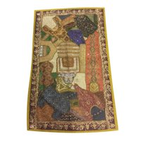 Mogul Indian Decorative Ethnic Embroidered Green Wall Decor Patchwork Sari Tapestry Throw 70"x 48 "