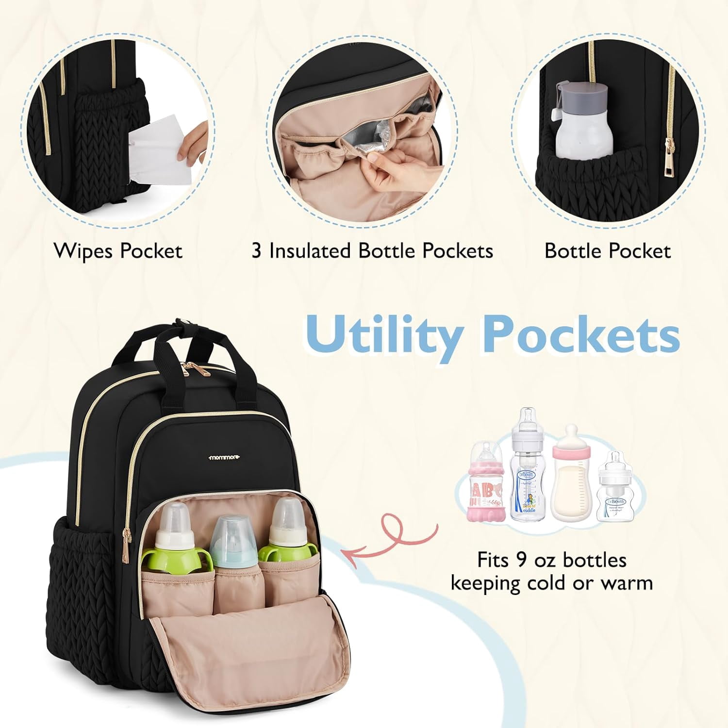 Diaper Bag Backpack Large Baby Bag for Boys Girls Quilted Travel Diaper Backpack with Changing Pad, Stroller Straps