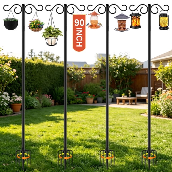 4Pack Shepherds Hooks for Outdoor, 90 Inch Heavy Duty Bird Feeder Pole with 5 Prongs Base, Adjustable Shepherds Hook for Hanging Birdhouses, Lanterns, Plant Baskets, Wind Chimes