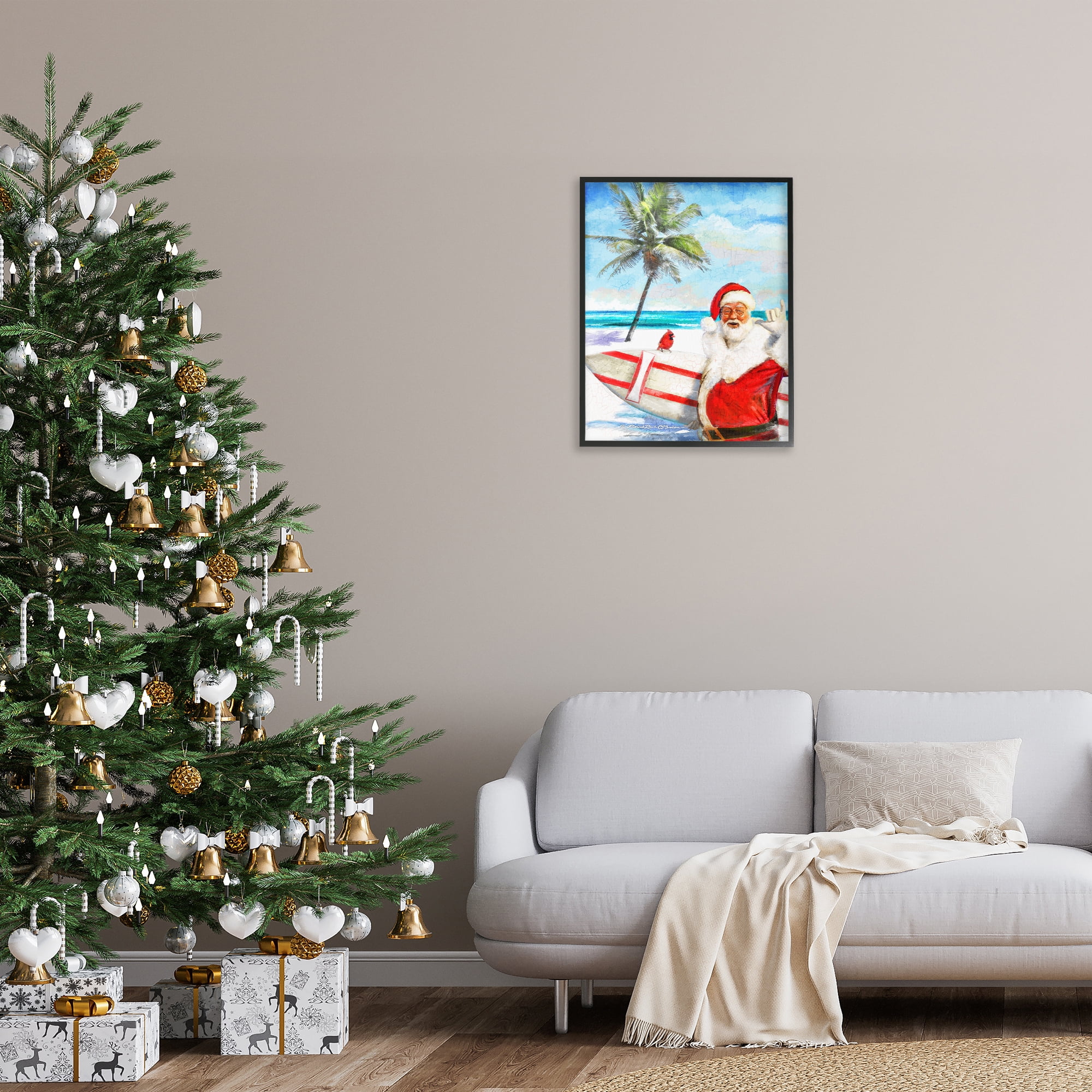 Stupell Industries Surfing Santa at Beach Holiday Painting Black Framed Art Prints Wall Art, 24 x 30