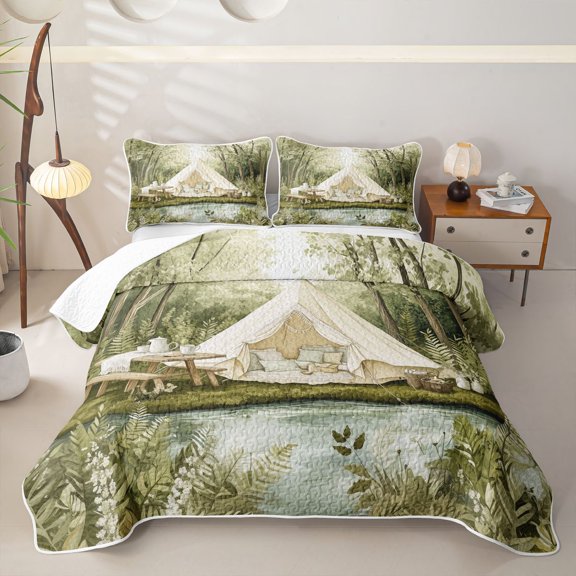 Erosebridal Jungle Camping Tent Twin Quilt Set for Teens Boys Girls,Rustic Lake Life Twin Coverlet Set