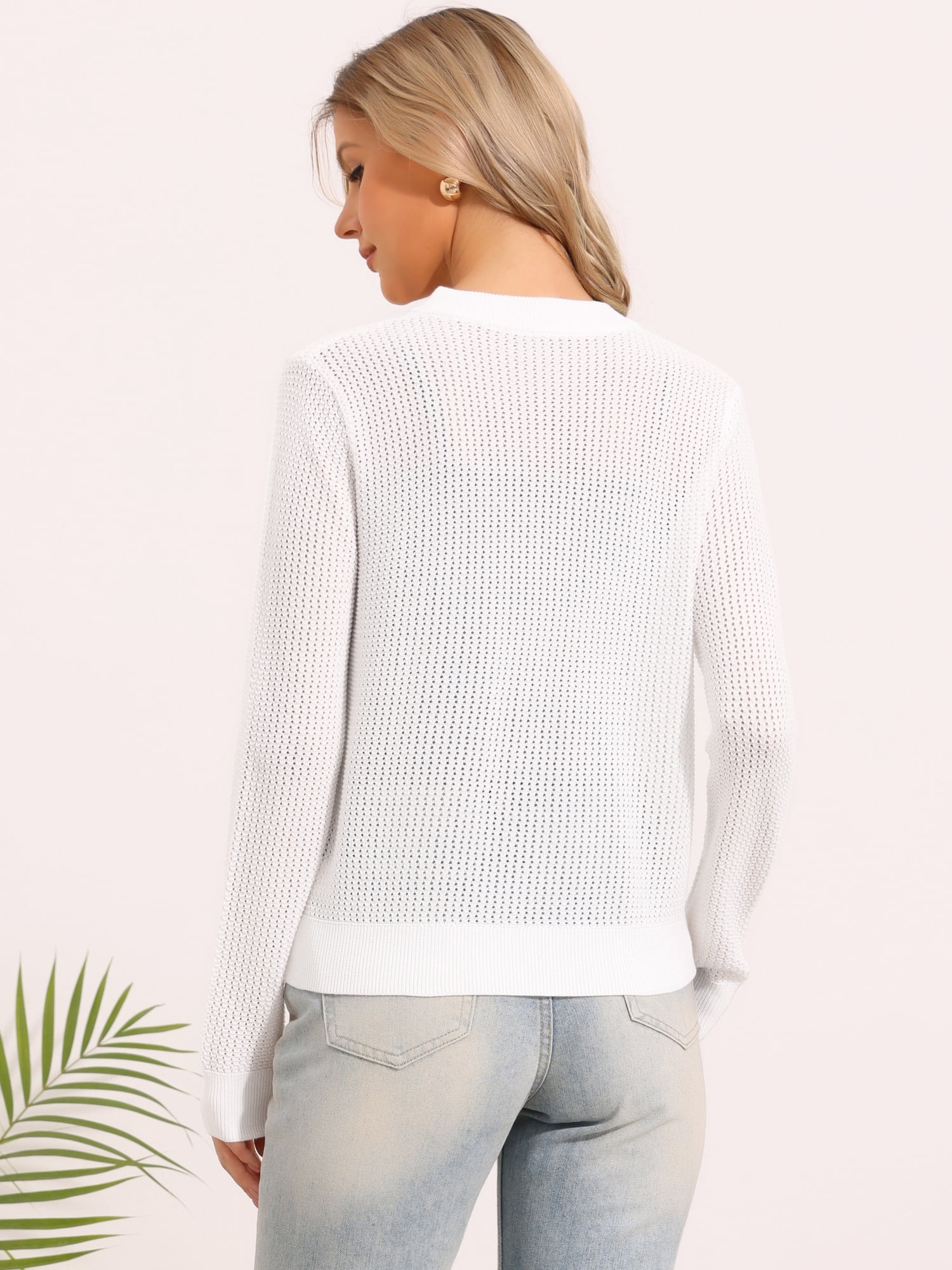 DARING DIVA Women's Crochet Lightweight Long Sleeve Zip Up Knit Sweaters S White