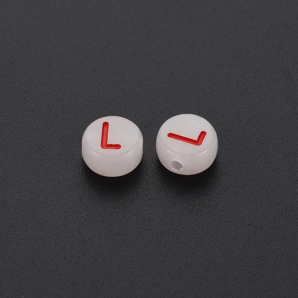 Acrylic Beads Glow in the Dark with Enamel and Luminous Horizontal Hole Flat Round with Alphabet Letter.L 6.5x7x4mm Hole: 1.6mm 3600pcs/500g