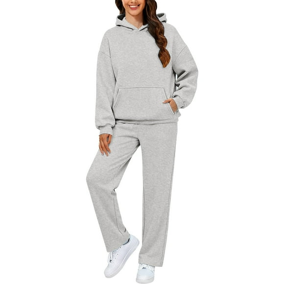 Women's Solid Color Hooded Sweatsuit Set, Soft Pullover with Pocket and Elastic Waist Jogger Pants, 2-Piece Casual Sportswear Outfit for Fall Winter Season - Light Ashy