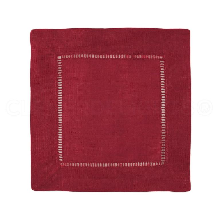 12 Pack - CleverDelights Red Hemstitch Cocktail Napkins - 6 inch x 6 inch - 45/55 Cotton Linen Blend