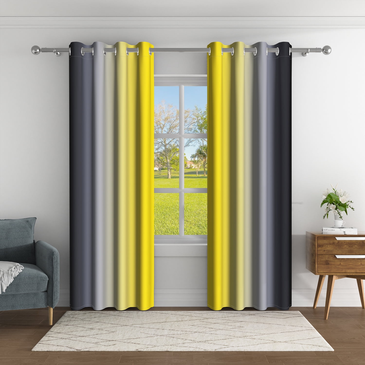 Aofoto Yellow Black and Grey Ombre Blackout Curtains 52 x 63 Inch, Room Darkening Thermal Insulated Energy Saving Grommet Curtains, 2 Panels