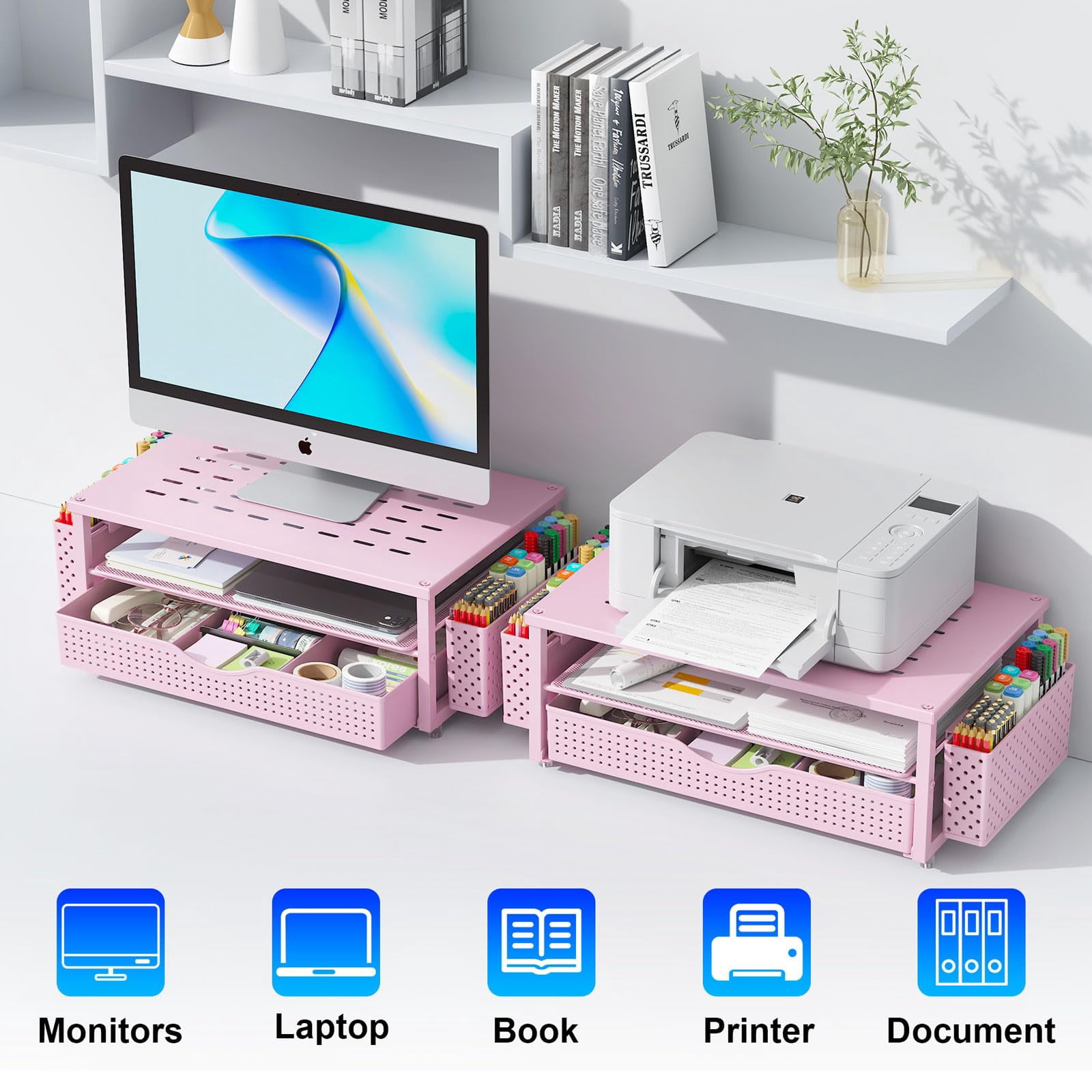 Desk Organizers And Accessories  Monitor Stand With Drawer 2 Pen Holder Desktop Organizer Suitable For Offices Dormitories (pink)