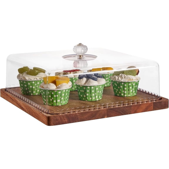 Cake Stand with Lid, 11.6″ Square Small-Sized Cake Holder, Acacia Solid Wood Dessert Table Display Set, Charcuterie Board for Cheese ,Fruit Platter, Large Acrylic Cake Dome Cover