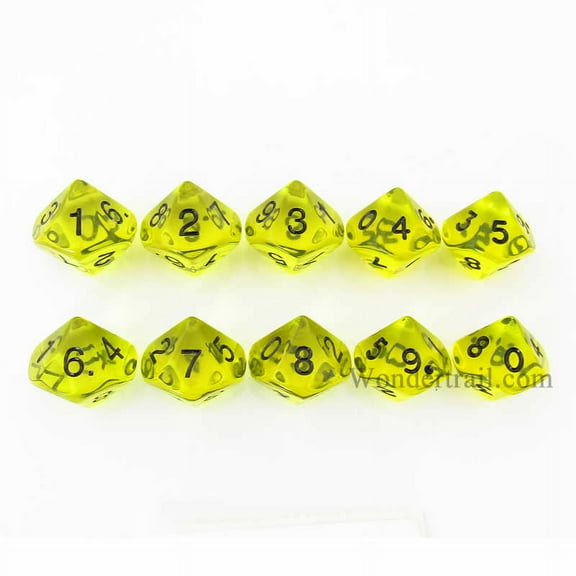Yellow Transparent Dice with Black Numbers D10 16mm (5/8in) Pack of 10 Koplow Games