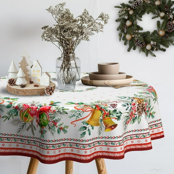 Christmas Tablecloth Holly Christmas Table Cloth, Washable Table Cover for Xmas Holiday, Dining, Party Decor - 60" X 60" Round