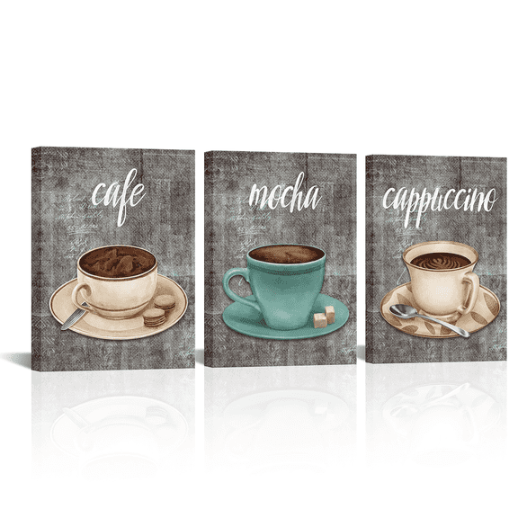3 Pieces 12x16inch Coffee Framed Canvas Wall Art Girls Vintage Teal And Grey Painting Kitchen Framed Wall Decor Cappuccino Mocha Cafe Print Pictures Artwork Stretched Ready to Hang