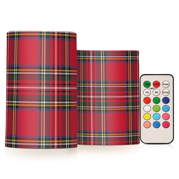 Christmas Plaid Flickering Flameless Candles Battery Operated with Remote Timer LED Pillar Candles Set of 2
