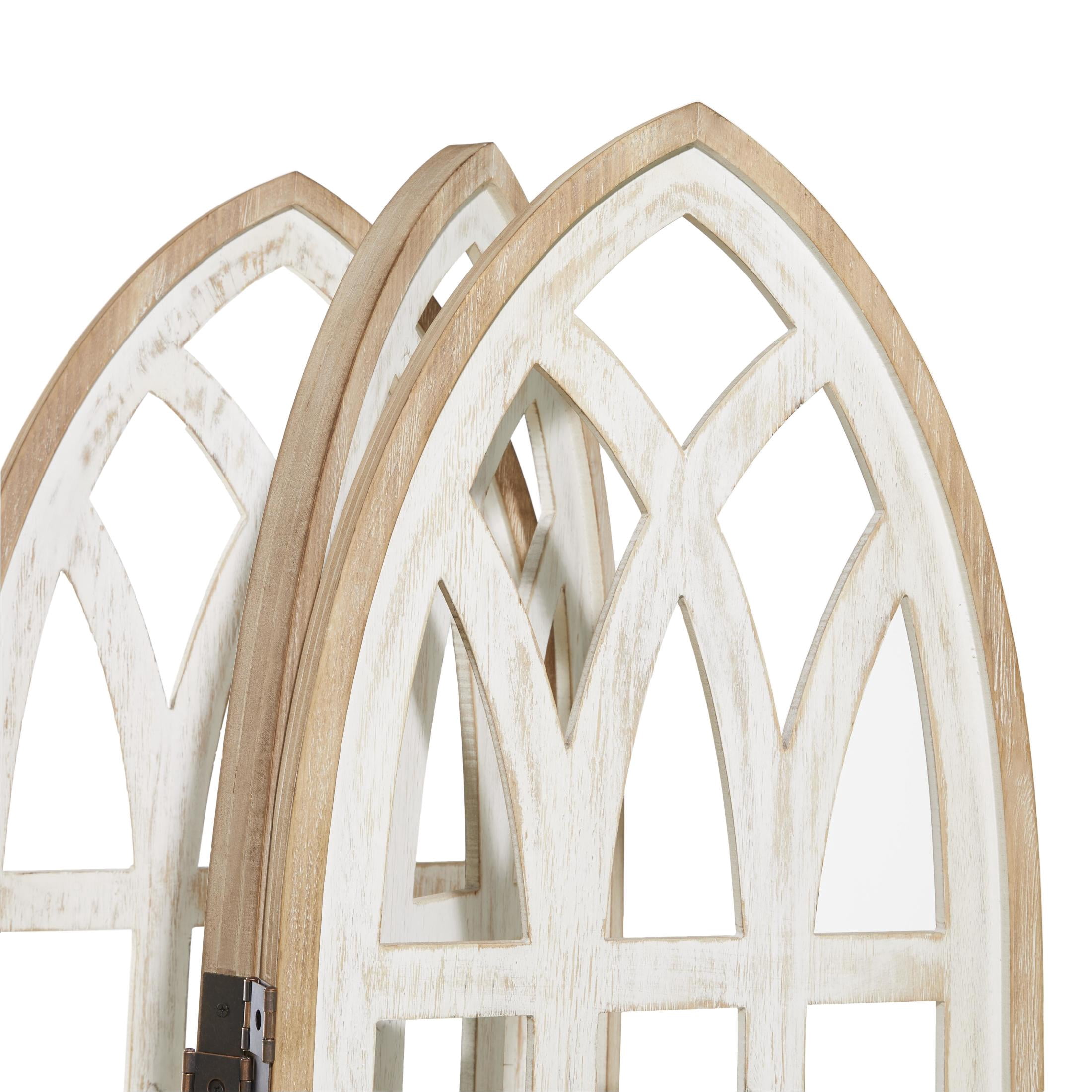 DecMode 48" x 72" White Wood Hinged Foldable Arched Partition 3 Panel Room Divider Screen with Window Pane Details, 1-Piece