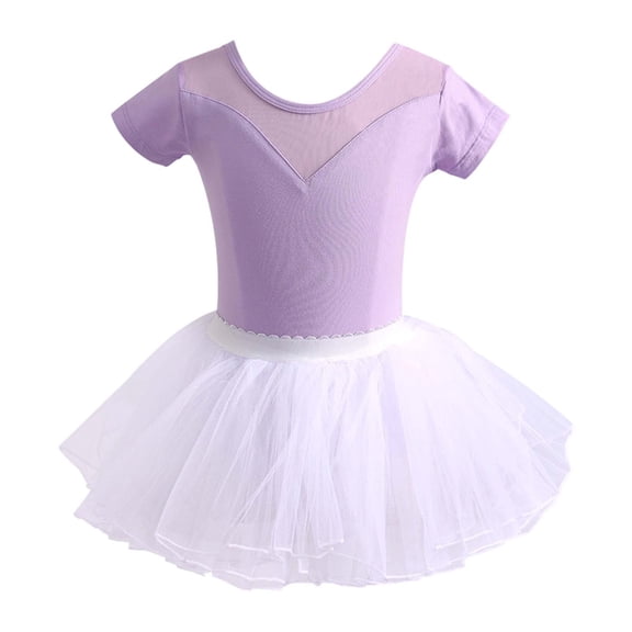Rggeeun Girls Dance Dresses Performance Tutu Dresses Short Sleeve Leotard O-Neck For Ballet Jazz Recital Practice Toddler Kids Versatile Casual Sundress