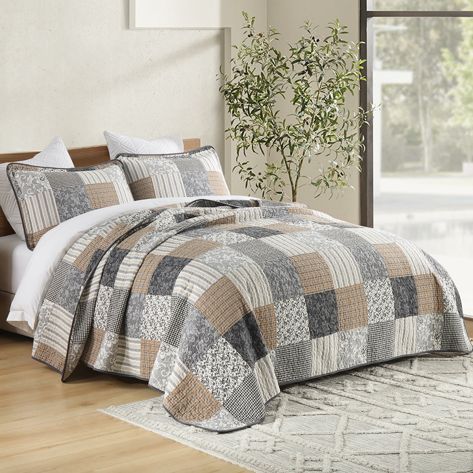 DDUOXIN Brown Plaid King Size Quilts - 100% Cotton King Size Quilt Set, Floral Gray Brown Patchwork Quilt Bedspreads for King Bed, Lightweight Reversible Coverlet Bedding Set with 2 Pillow Shams