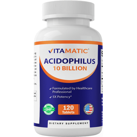 Vitamatic Acidophilus Probiotic - 10 Billion CFU - 5X Potency - Daily Probiotic Supplement, Supports Digestive Health - 120 Tablets