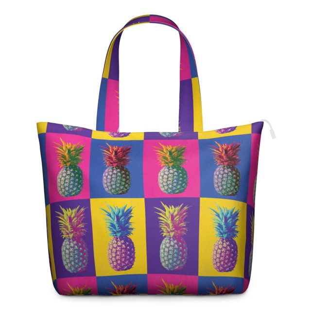 Lightweight Weekender Bag with Tropical Pineapple Exotic Fruit Prints Large Capacity Travel Tote Bag with Summer Yellow Pattern, Adjustable Strap Multiple Pockets