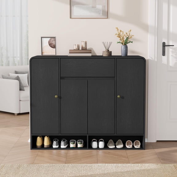47.2 Inch Shoe Storage Cabinet with 4 Doors and 1 Drawer, Freestanding Entryway Organizer with Rounded Corner, Narrow Large Capacity Cabinet for Hallway, Living Room, Black