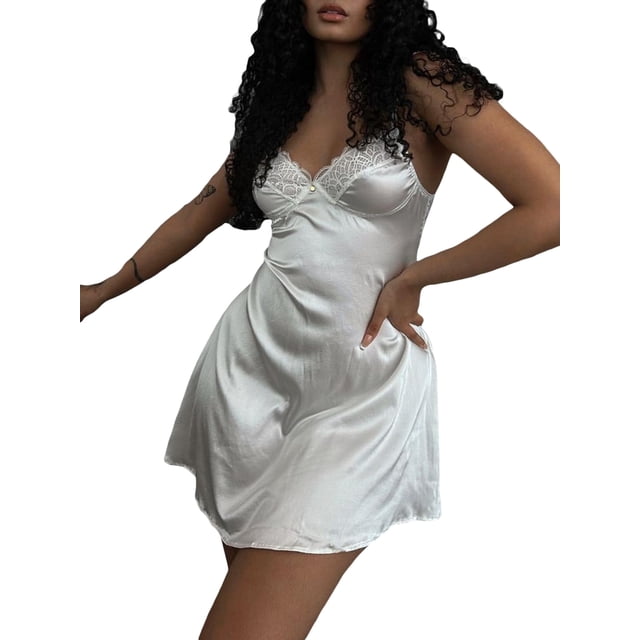 xiaxaixu Robe Nuisette pour Femmes, Bretelles Spaghetti Col en V Dentelle Patchwork Robe d'Été Mini Clubwear