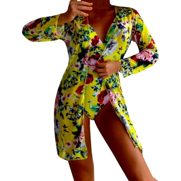 Kiosan Conjunto de bikini para mujer, traje de baño de 3 piezas, kimono floral, parte superior triangular anudada en la parte delantera, falda de traje de baño inferior de cintura alta