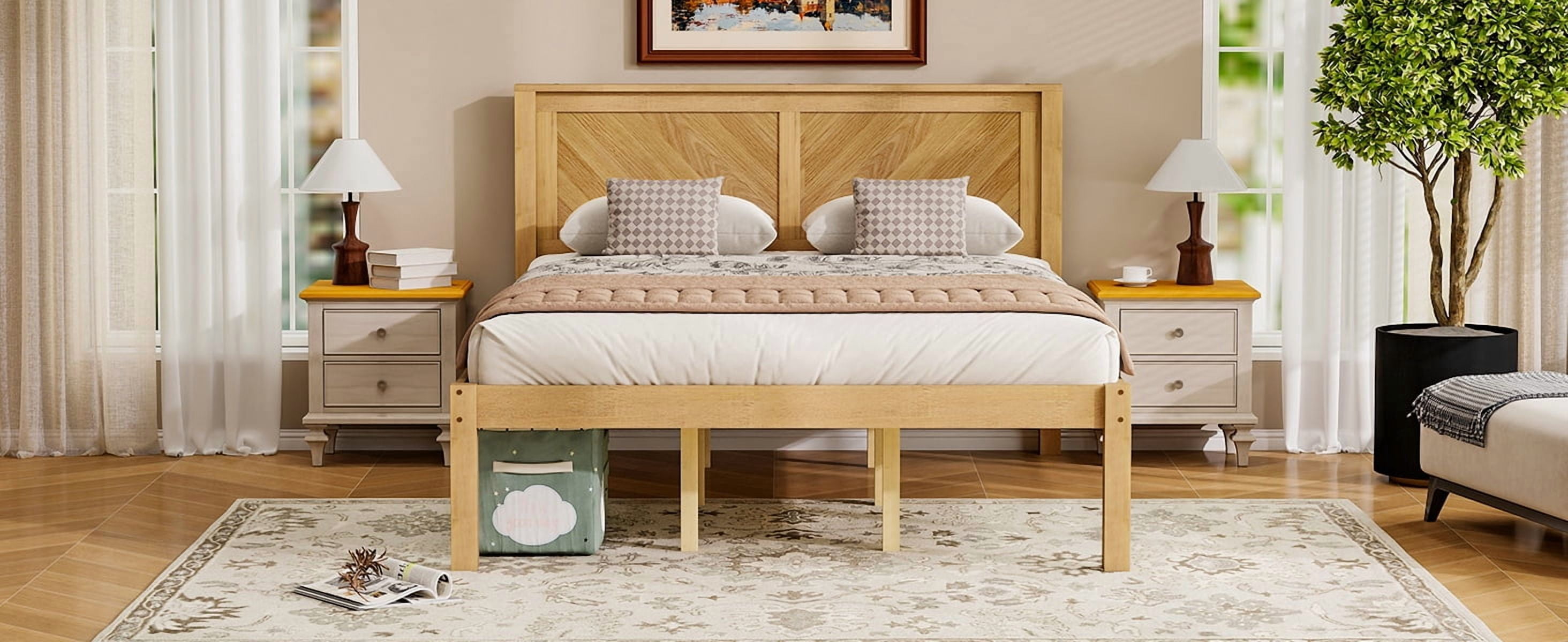 Queen Bed Frame with Herringbone Wood Headboard, Solid Wood Platform Bed and Mattress Foundation with Under-Bed Storage for Bedroom, Natural Oak