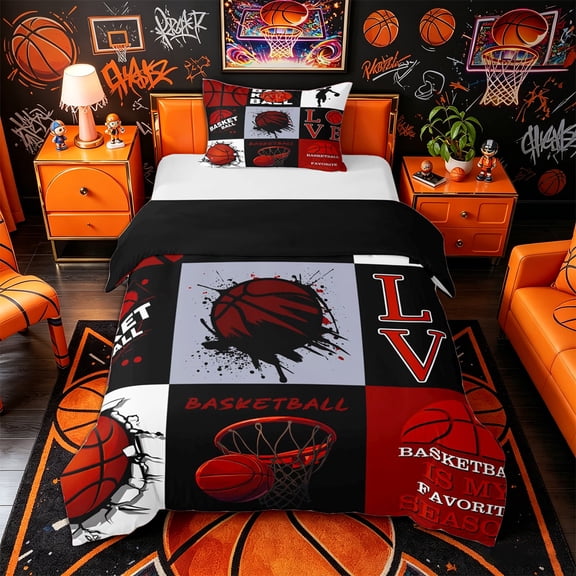 Castle Fairy Multi-Style Red Basketball Collage Twin Duvet Cover, Sports Silhouette Design Twin Bedding, Red Black White,Black Reversible,2pcs,1 Duvet Cover and 1 Pillowcase