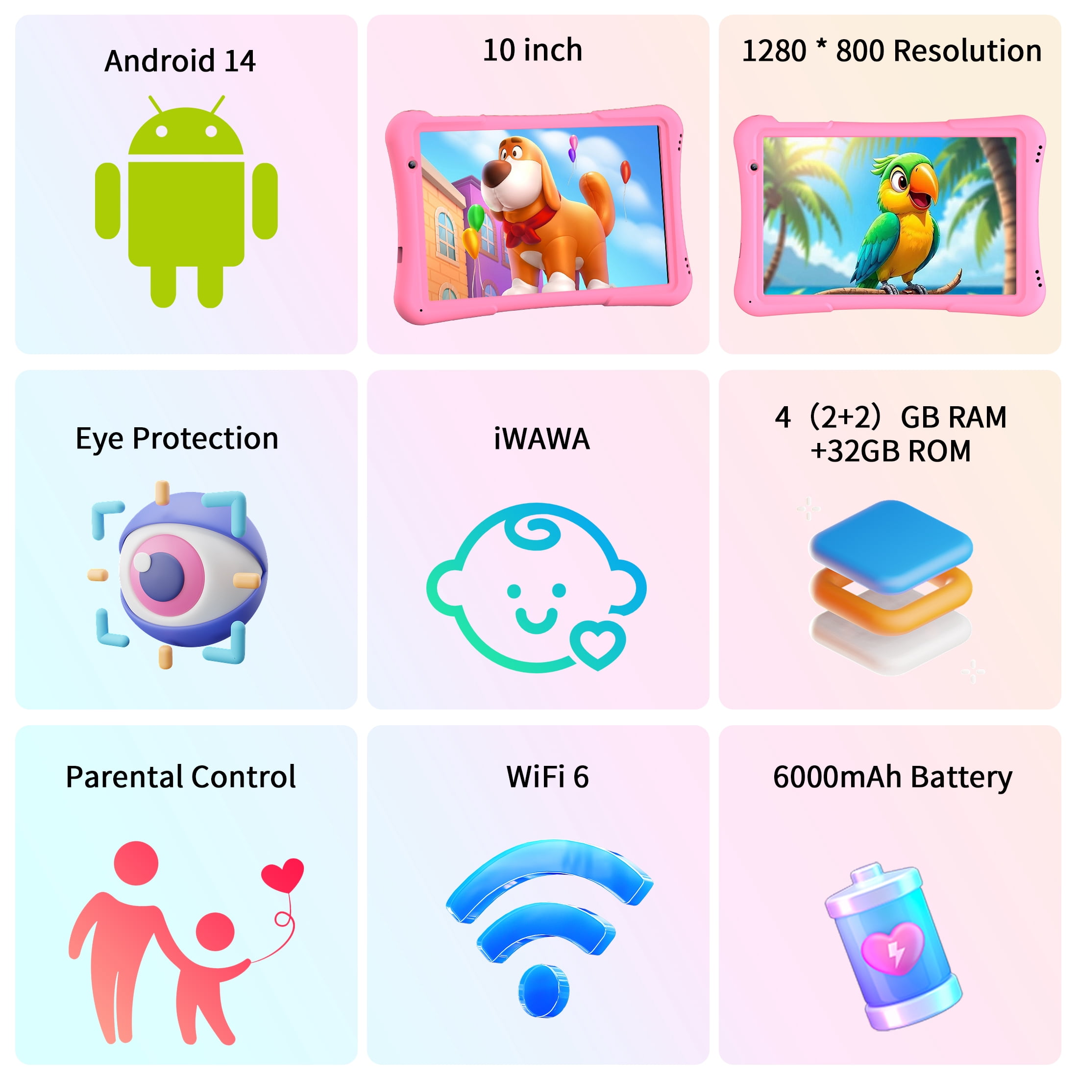QunyiCo Kids Tablet 10 inch,Android Tablet for Kid,4GB RAM 32GB ROM,Quad Core Processor,Parental Control,1280 * 800 Resolution,6000mAh Battery,Pink