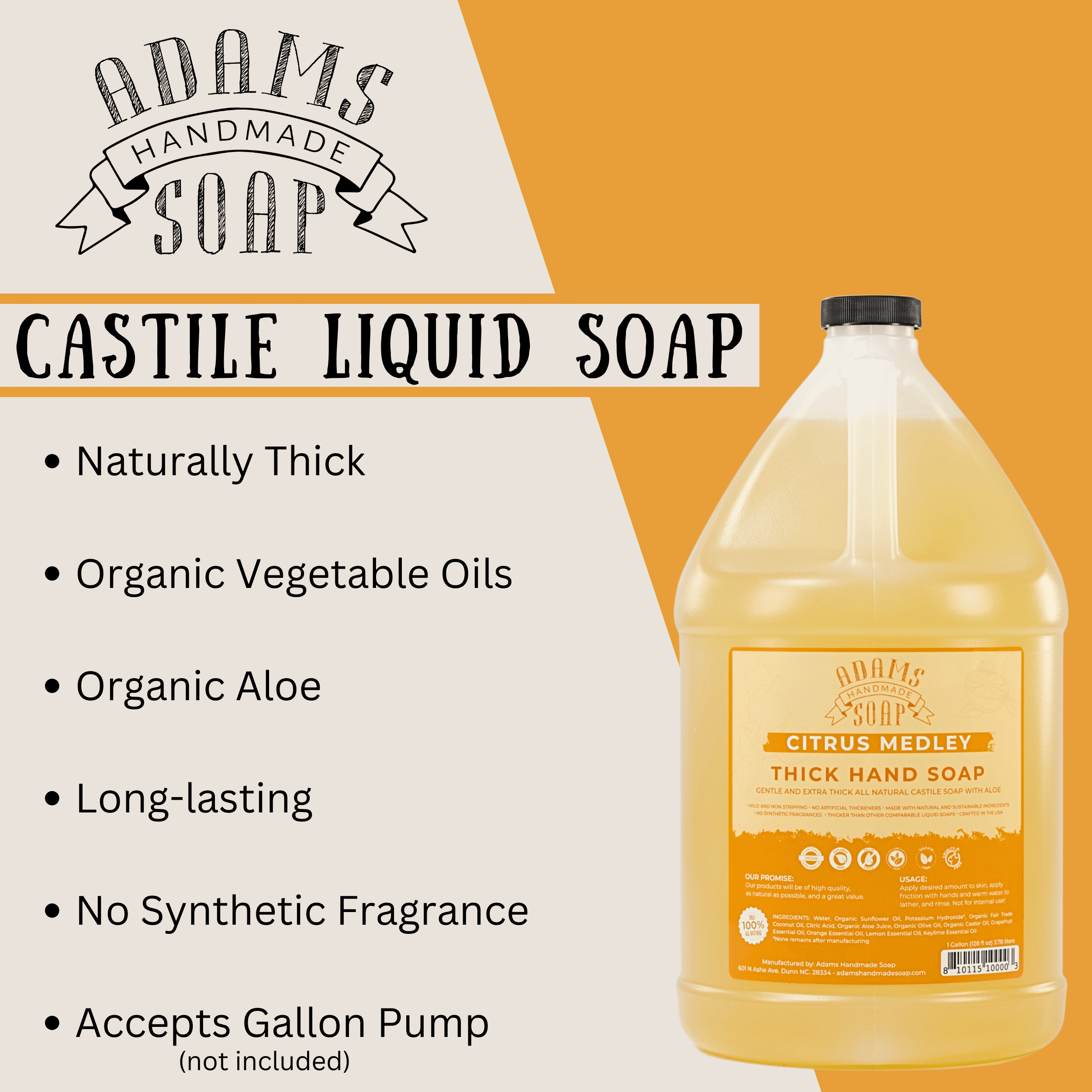 Citrus Medley Organic Liquid Castile Hand Soap 1 Gallon Refill Adams Handmade Soap