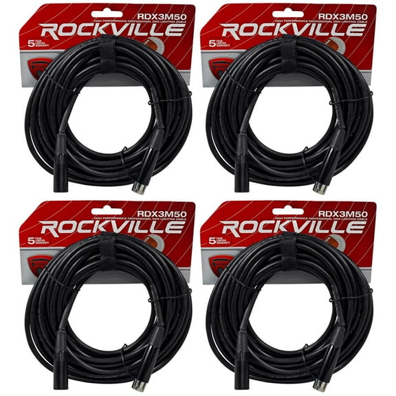 (4) Rockville RDX3M50 50 Foot 3 Pin DMX Lighting Cables 100% OFC Female to Male