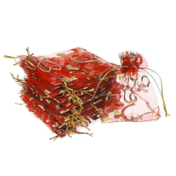 REGALWOVEN Heart Printed Organza Bags, Mini Pouches for Jewelry, Candy, Perfume, and Cosmetics Red 3.54"x2.8"