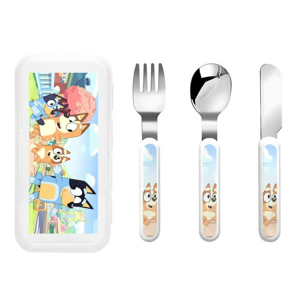 Zofaai Bluey Pattern Children's Knife, Fork and Spoon Three-piece Set, Stainless Steel Children's Tableware with Outer Box, Suitable for School, Home