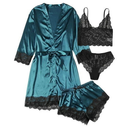 

BIZIZA Pajama Set for Women Loungewear Plus Size 4 Piece PJ Sets with Robe Cami Top and Shorts Panty Sleepwear Soft Blue XXL