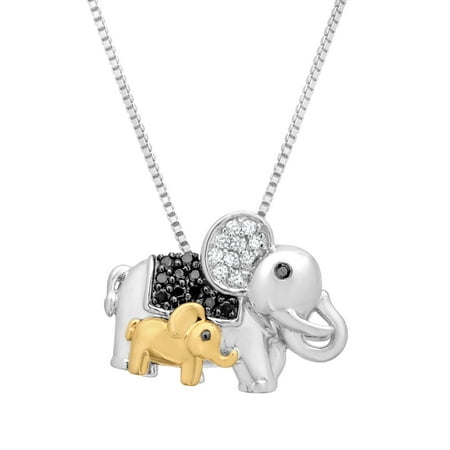 1/6 ct Black & White Diamond Elephant Pendant Necklace with in Sterling Silver & 14kt Gold