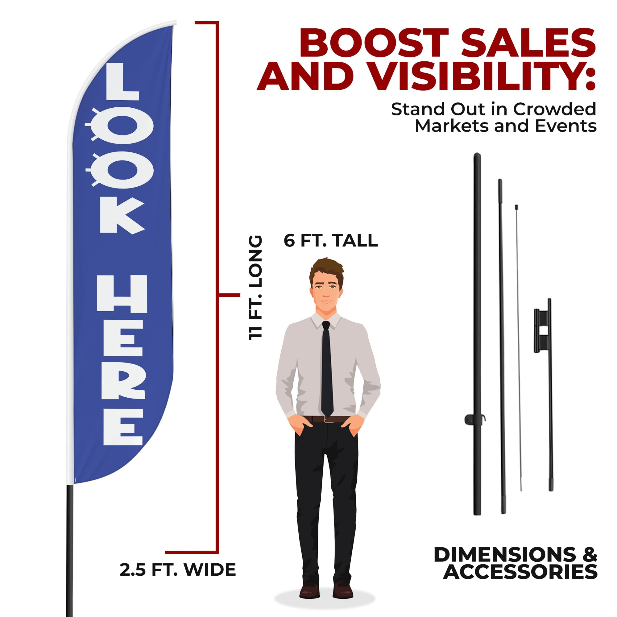 Look Here Sign Feather flag Pole Mount for Outdoor by Mavis Print | 15 FEET Long Polyester Outdoor Banner Flag Pole Kit for Easy Hang | HD Print Swooper Flag Pole Stand for Business Advertising