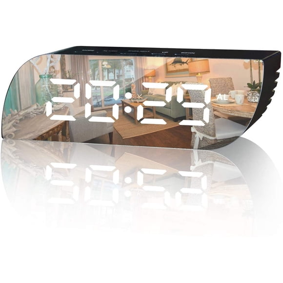 Betus Digital Mirror Clock - Leaf Shape Alarm with Snooze & Brightness Control & Night Mode - Large LED Display, USB & Battery Operated - Portable for Bedroom, Office, Travel(Black)