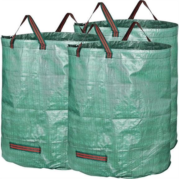 QUTETN 3-Pack Reusable Garden Waste Bags – Standable Leaf & Grass Bags with Handles, Durable for Yard Cleanup, Lawn Trimmings, Compost or Outdoor Storage – Green Mesh Design