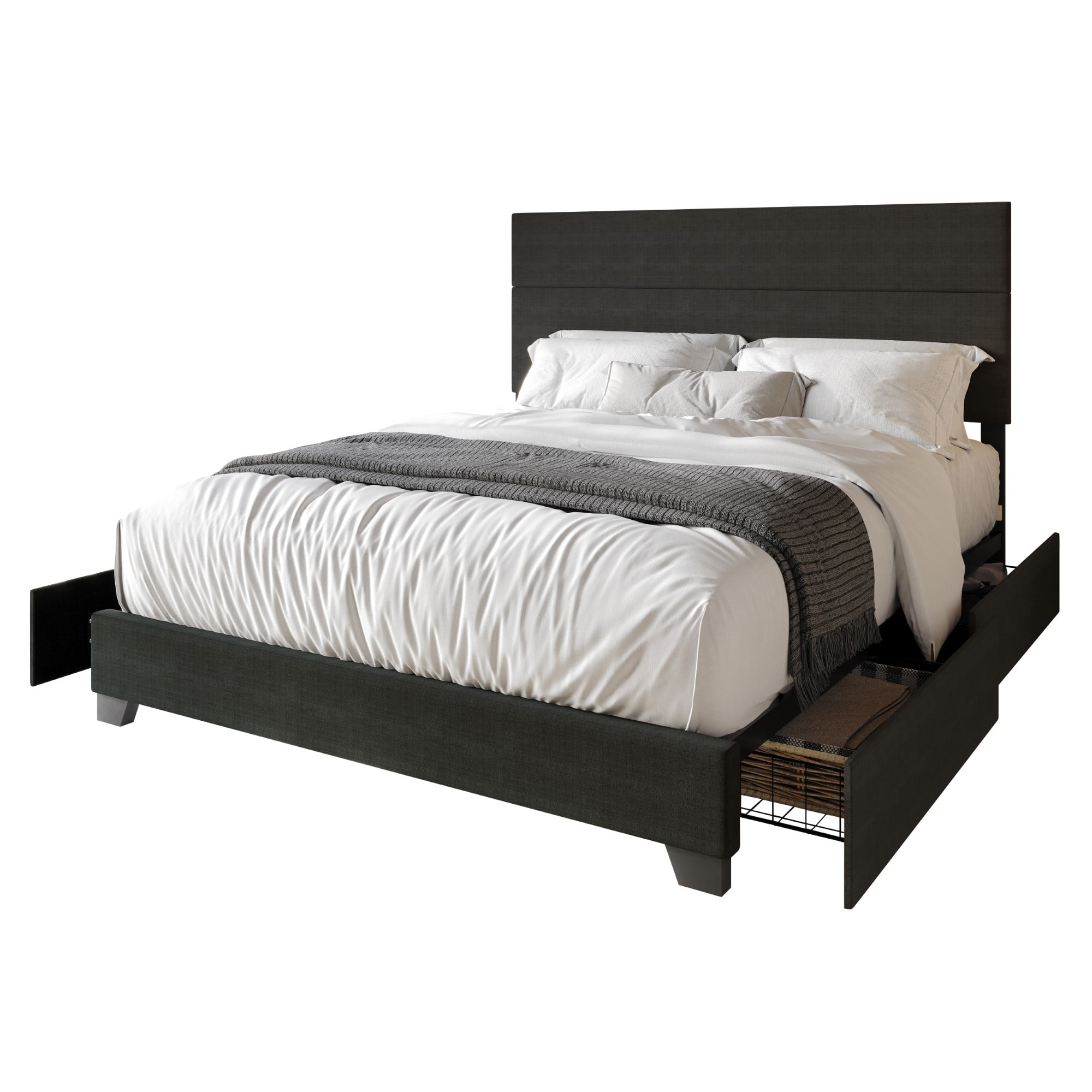 Home Design Kapaa King Upholstered Storage Platform Bed Frame with Horizontal Channel-Tufting and Side Drawers, Charcoal Gray, Easy Assembly