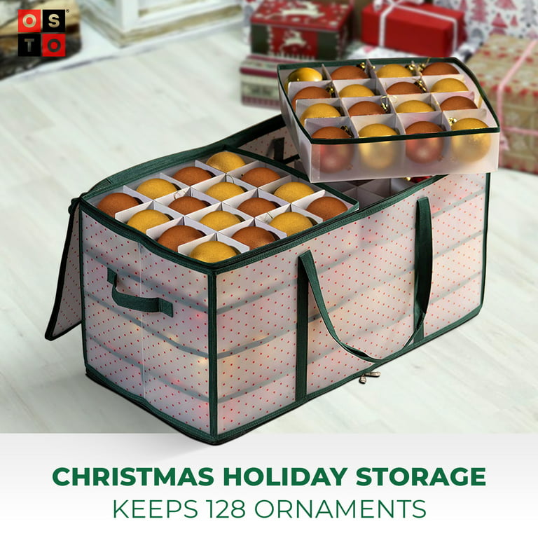ZOBER Large Christmas Ornament Storage Box - Stores 128 Ornaments  W/Dividers - Non-Woven, Durable Christmas Storage Containers - Dual Zipper  - Red