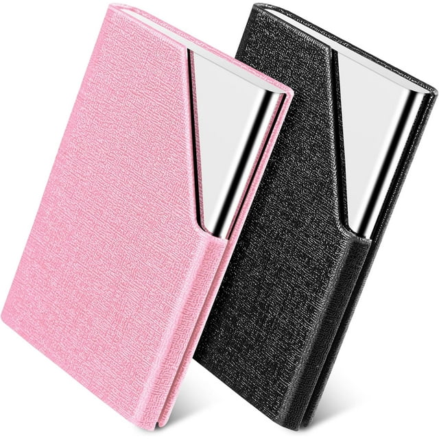 Paquete de 2 tarjeteros de visita, piel sintética con cierre magnético para viajes y negocios, negro+rosa.