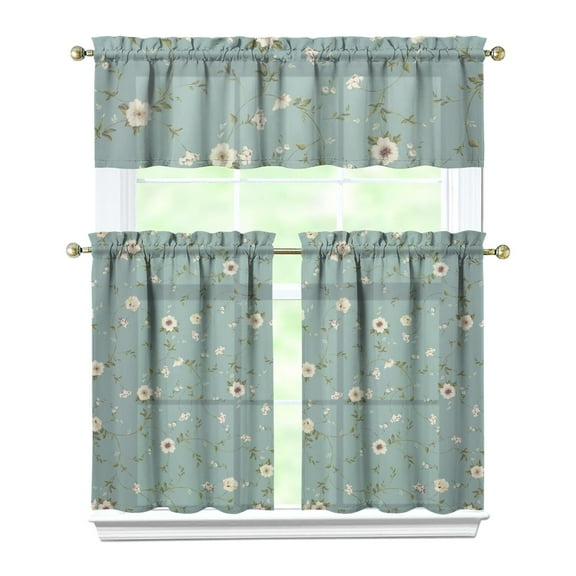 Botanical Garden Floral Kitchen Curtains Set of 3 with Valance and Tier