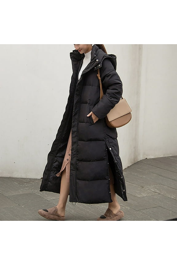 Women's Extra Long Hooded Puffer Coat, Over Knee Length Thickened Winter Jacket, Side Slit Detail Parka, Warm Down Alternative Coat, Casual Maxi Coat Black XXL