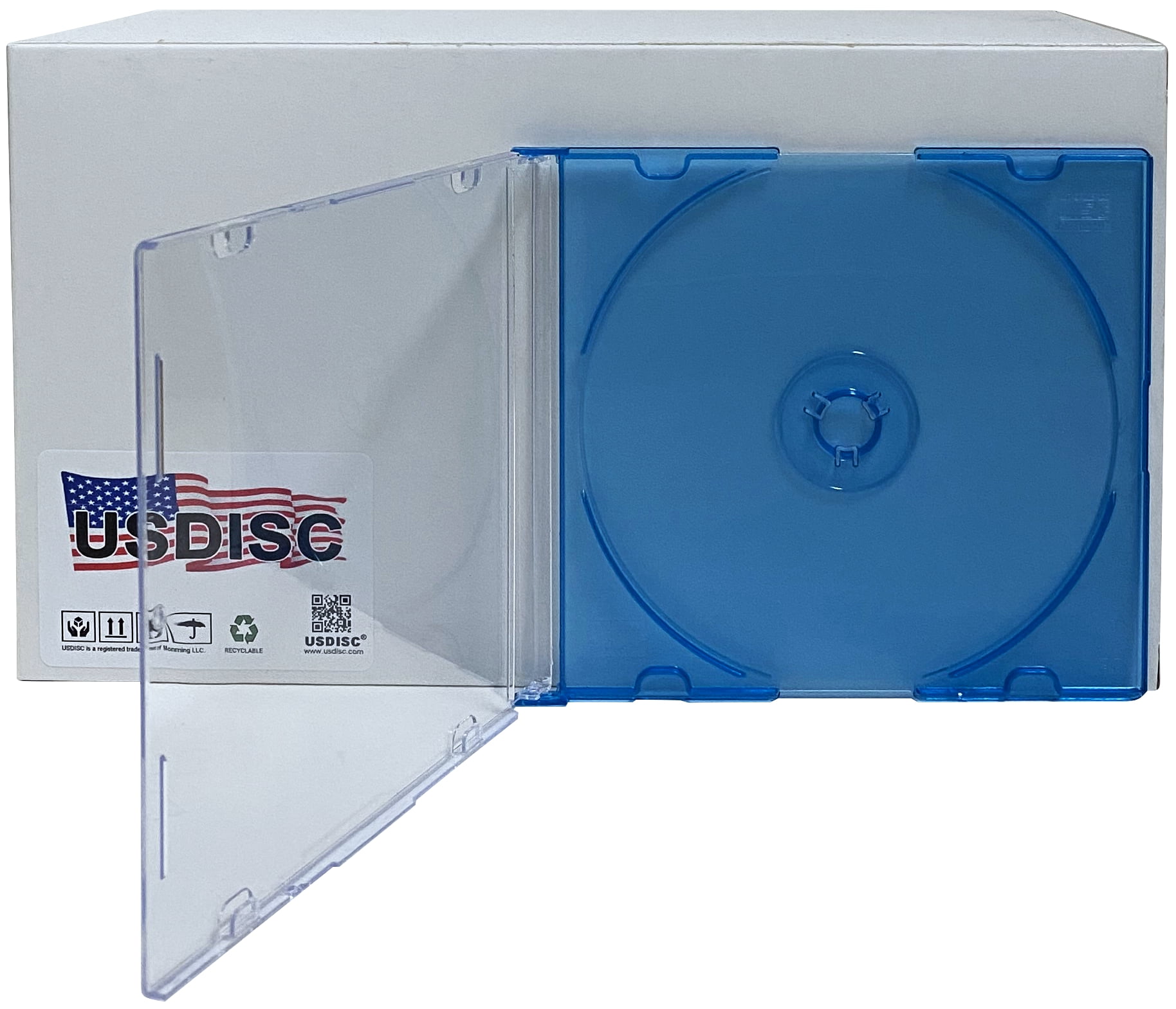 USDISC CD Jewel Cases Slimline 5.2mm, Single 1 Disc, Clear Blue, Pack Of 100