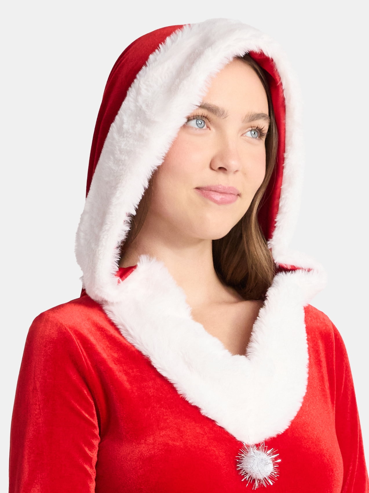 No Boundaries Christmas Santa Dress with Hood and Faux Fur, Women’s