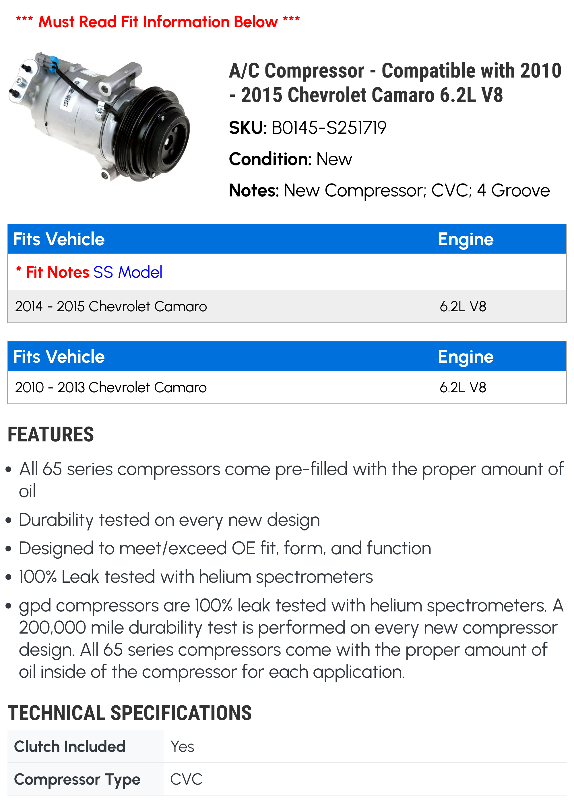 A/C Compressor - Compatible with 2010 - 2015 Chevy Camaro 6.2L V8