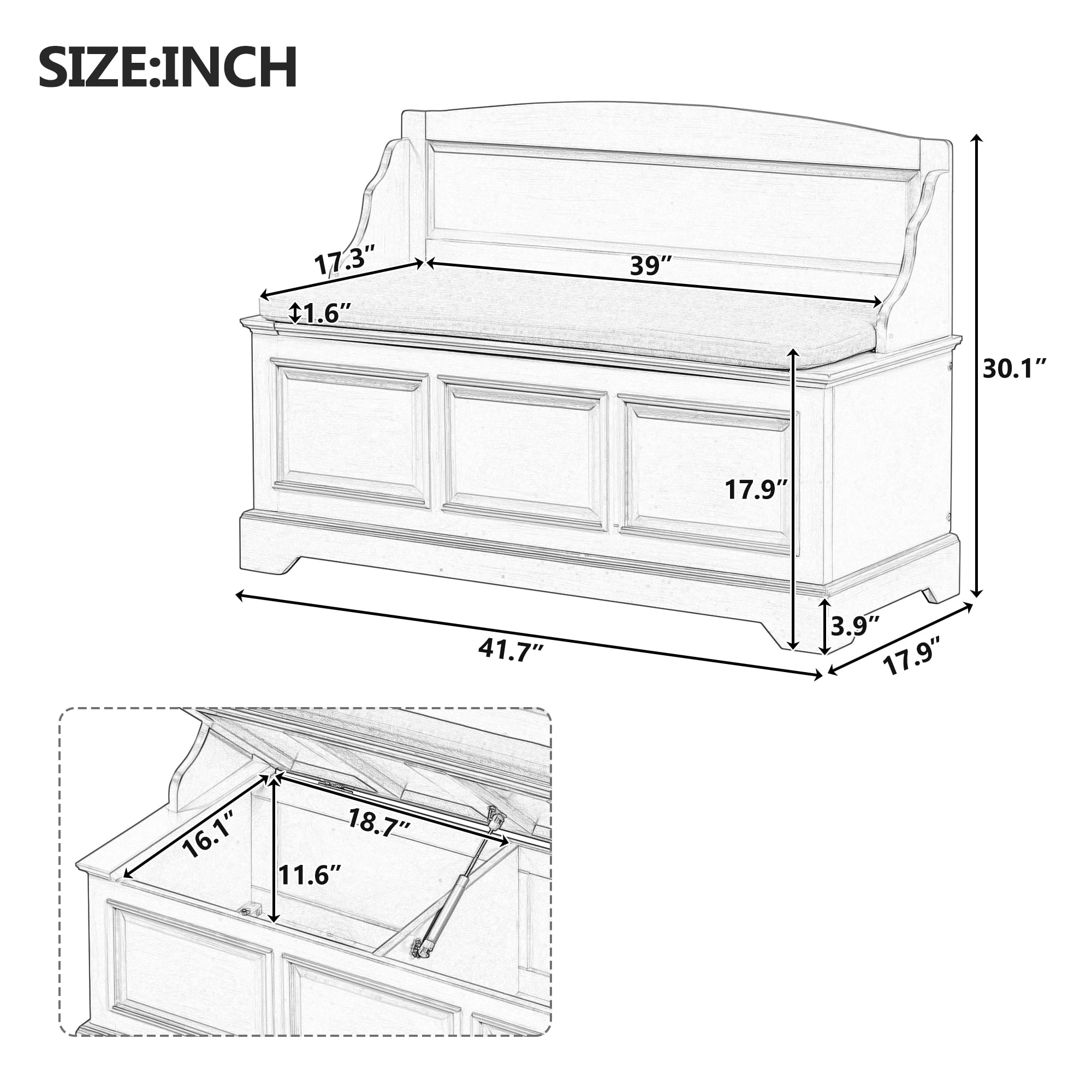 Euroco Vintage Wooden Shoe Storage Bench with Cushion, Carved Panel Design, Lift-Top Compartment, Entryway Seating