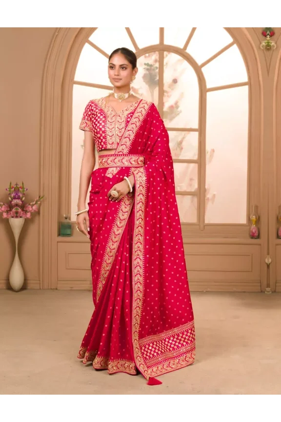 Beautiful Designer Vichitra Silk Sari Blouse Indian Bollywood Wedding Wear Saree Red size 40